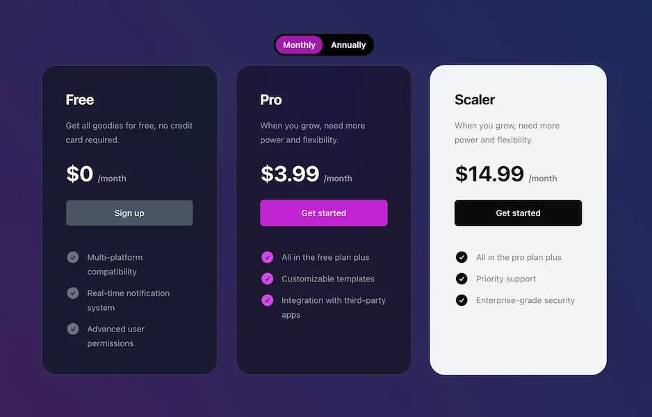 Shadcn pricing page generator example
